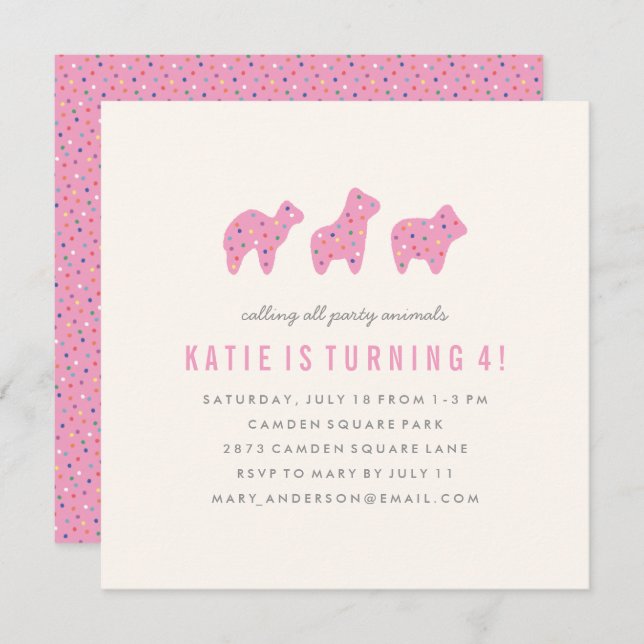 Animal Cookie Birthday Invitation - Pink (Front/Back)