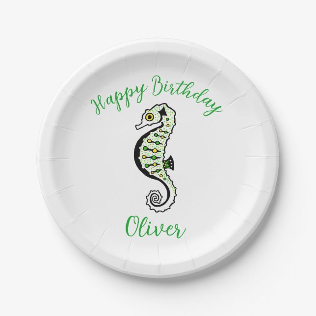 Animal - Cool SEAHORSE - Happy Birthday -  Paper Plate (Front)