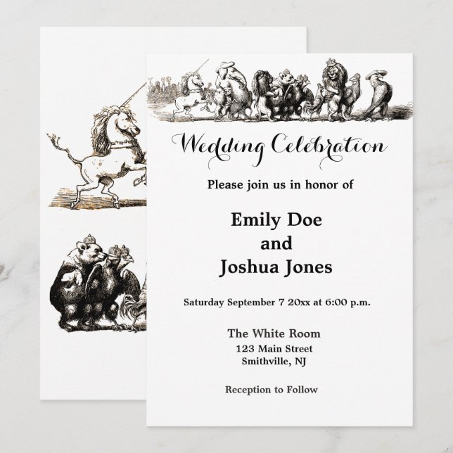 Animal Cute Art Unicorn Elephant Lion Zoo Invitation (Front/Back)