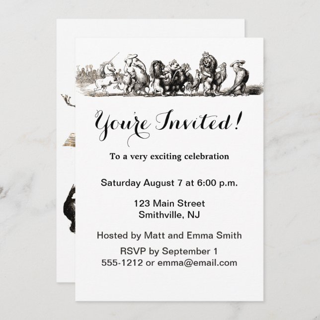Animal Cute Art Unicorn Elephant Lion Zoo Invitation (Front/Back)