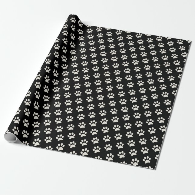 Animal Dog Cat Paw Print Pattern Black & White Wrapping Paper (Unrolled)