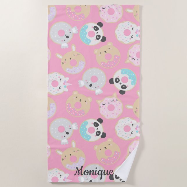 animal doughnuts girly cute monogram beach towel (Front)