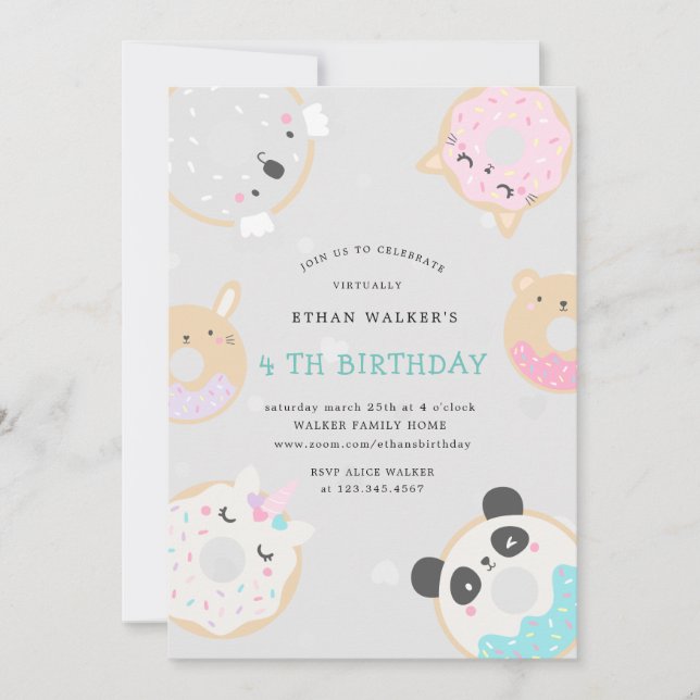 animal doughnuts virtual birthday party invitation (Front)