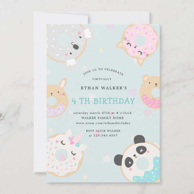 animal doughnuts virtual birthday party invitation (Front)