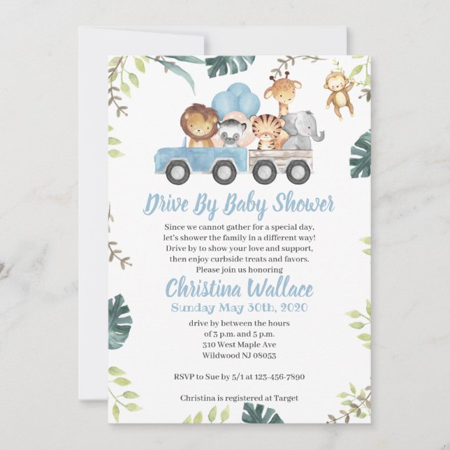 Animal Drive By Baby Shower Invitations for Boys (Front)