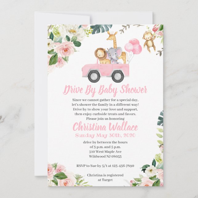 Animal Drive By Baby Shower Invitations for Girls (Front)