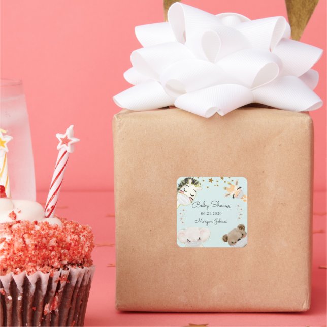 animal face mask baby shower monogram square sticker (Party)