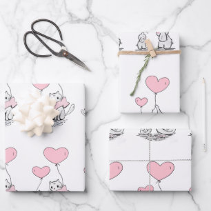 Animal Family With Pink Heart Balloons Wrapping Paper Sheet