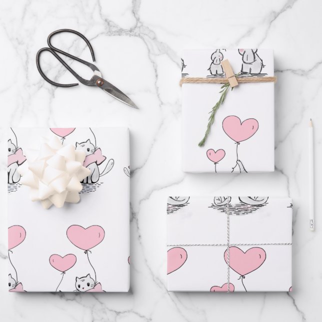 Animal Family With Pink Heart Balloons Wrapping Paper Sheet (Front)