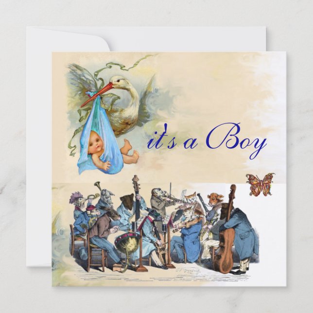 ANIMAL FARM ORCHESTRA / BLUE STORK BOY BABY SHOWER INVITATION (Front)
