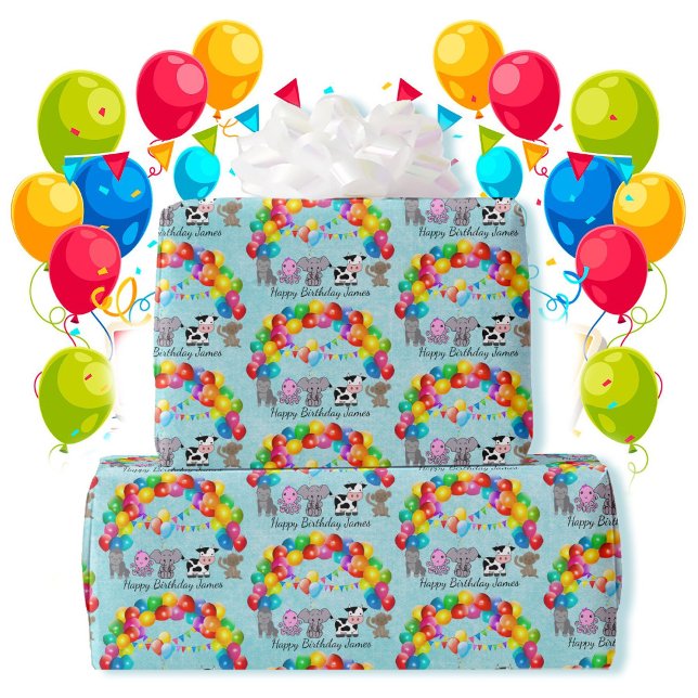 Animal Friends Birthday Balloons Add Child's Name Wrapping Paper (Creator Uploaded)
