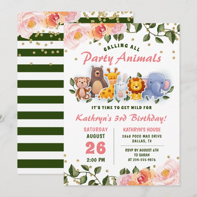 Animal Friends Pink Floral Greenery Birthday Invitation (Front/Back)