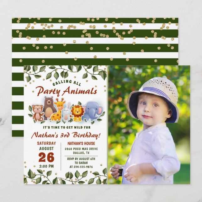 Animal Friends Zoo Party Greenery Birthday Photo Invitation (Front/Back)