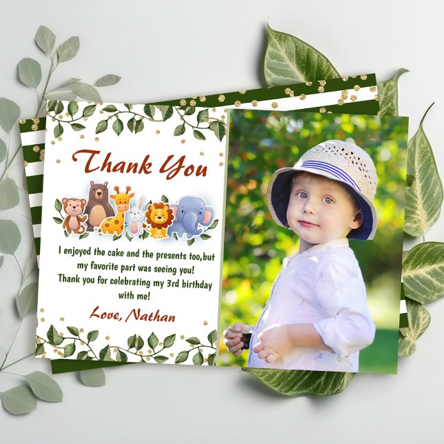 Animal Friends Zoo Party Greenery Birthday Photo Thank You Card (Creator Uploaded)