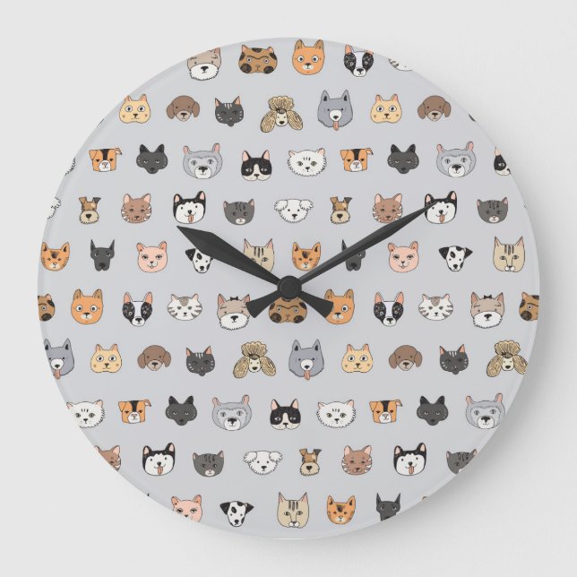 Animal Fun: Cats Dogs Doodle Mix Large Clock (Front)