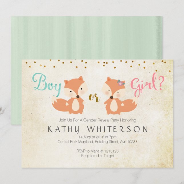 Animal gender reveal Invitation Fox (Front/Back)