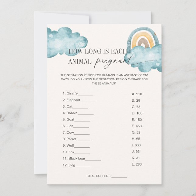 Animal Gestation Baby Shower Game Card (Front)