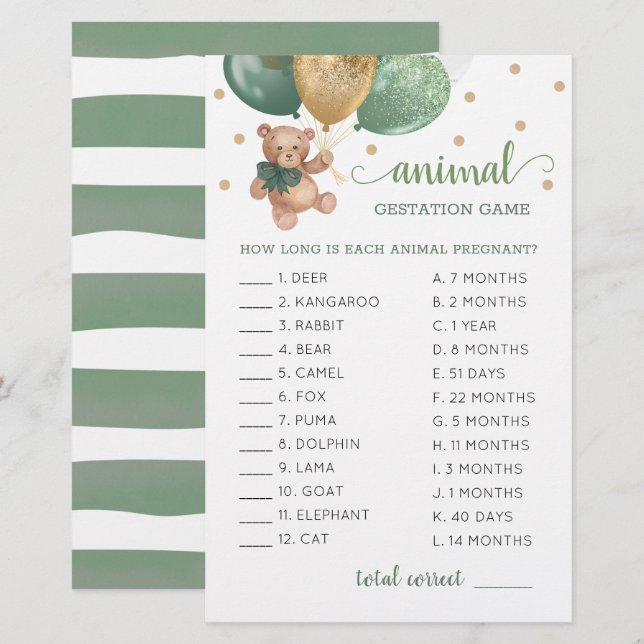Animal Gestation Game Sage Green Teddy Bear (Front/Back)
