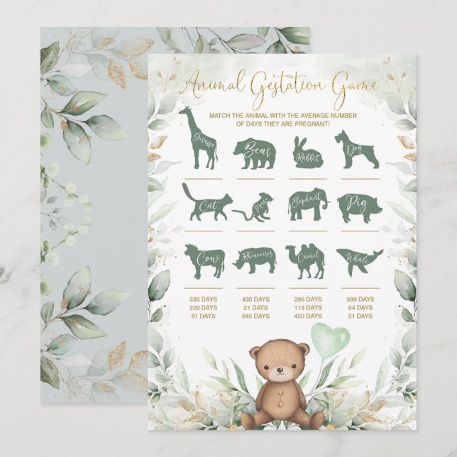 Animal Gestation Teddy Bear Baby Shower Game Card (Front/Back)