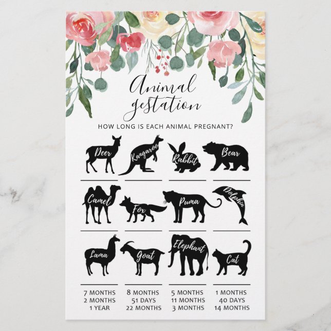 Animal Gestation with Answers Baby Shower Game (Front)