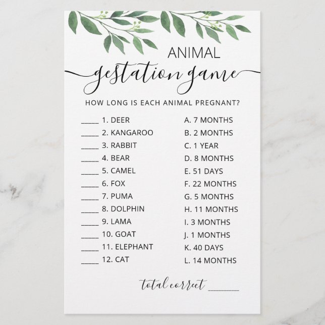 Animal Gestation with Answers Baby Shower Game (Front)