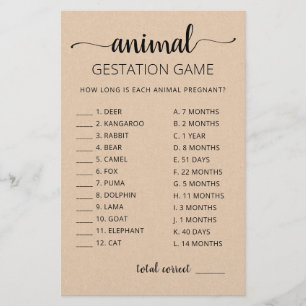 Animal Gestation with Answers Baby Shower Game