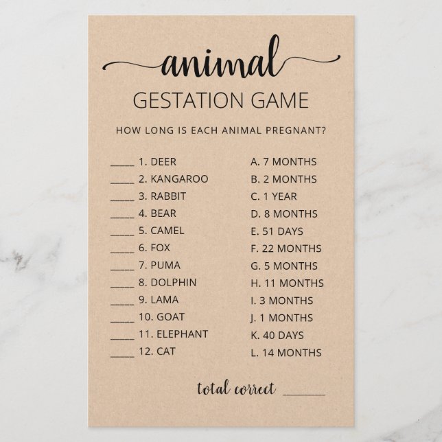 Animal Gestation with Answers Baby Shower Game (Front)
