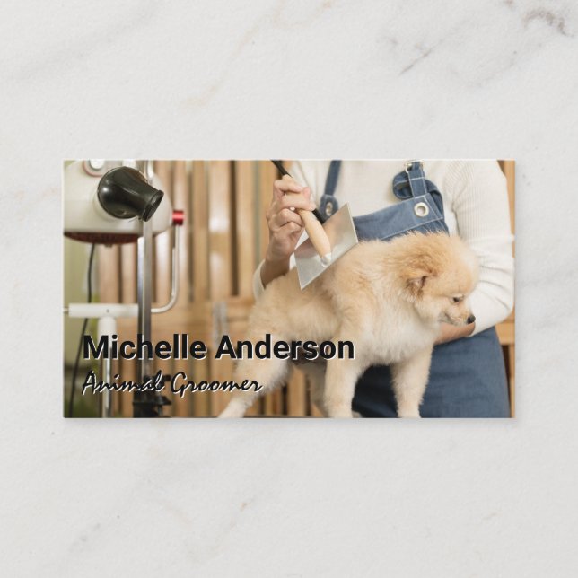 Animal Groomer Combing Dog Hair Business Card (Front)