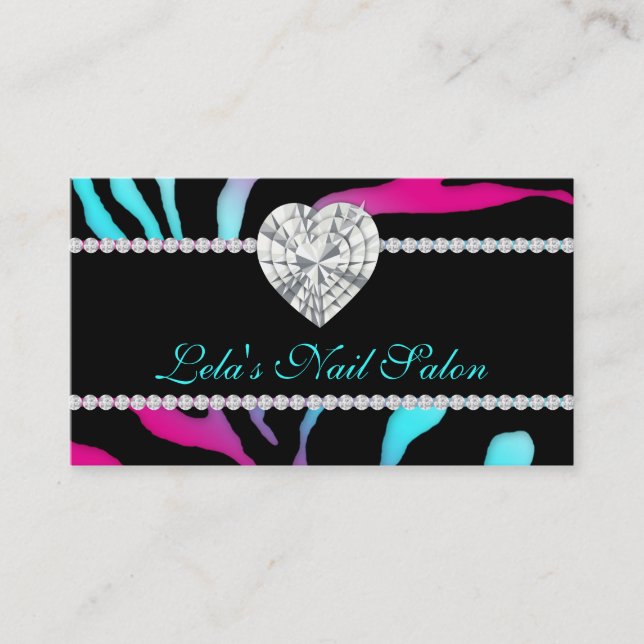 Animal Jewels Heart Zebra Nails Salon Blue Pink Business Card (Front)