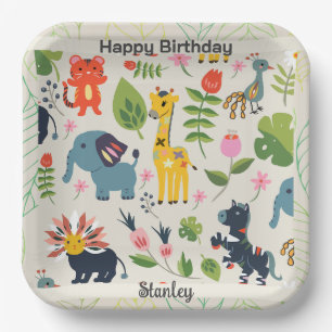 Animal Jungle Pastel Leaf Pattern Birthday Paper Plate