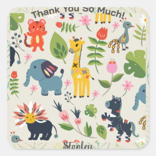 Animal Jungle Pastel Leaf Pattern Thank You Square Sticker