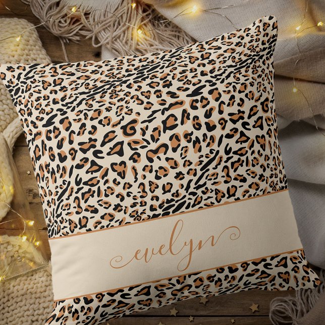 Animal Leopard Print Cream Black Tan Personalised Cushion (Creator Uploaded)