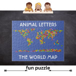Animal Letters World Map Alphabet Jigsaw Puzzle<br><div class="desc">This design features a colorful world map with cute animal letters. Puzzles are a great activity to help build dexterity. Makes a great gift! Available with a blue background like the ocean or dramatic black. #world #map</div>