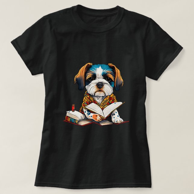 Animal Literacy with Maltipoo Engaged in Reading B T-Shirt (Design Front)