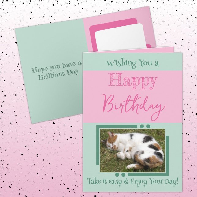 Animal lover add photo pink green birthday card (Creator Uploaded)