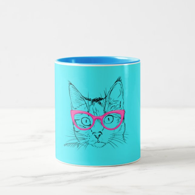 Animal Lover | Cute Blue Cat in Pink Glasses Two-Tone Coffee Mug (Center)