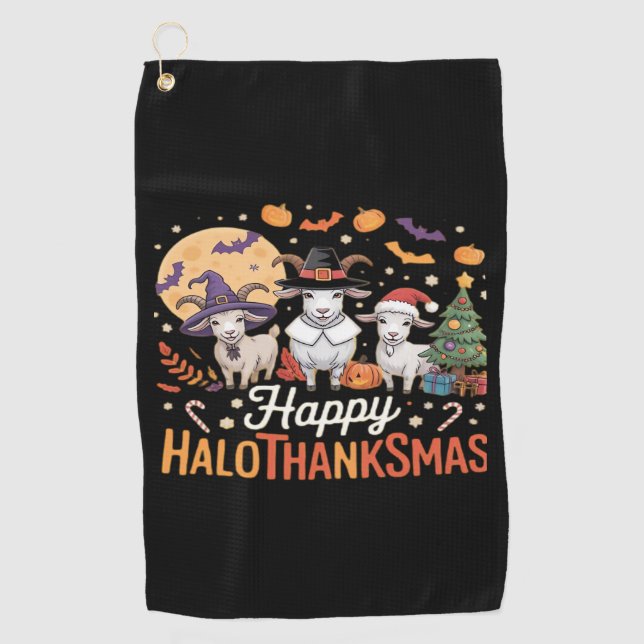 Animal Lovers Owners Happy Hallothanksmas Essentia Golf Towel (Front)