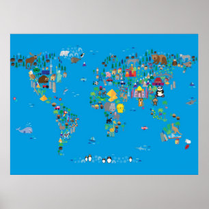 Animal Map of the World for children and kids Poster