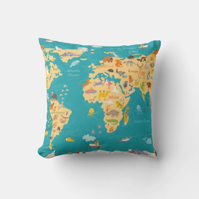 Animal Map of the World For Kids Cushion (Front)