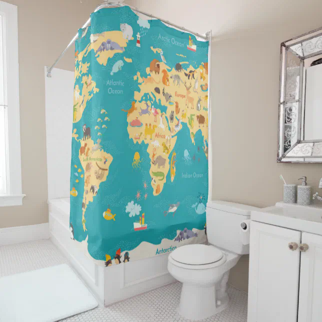 Animal Map of the World For Kids Shower Curtain | Zazzle