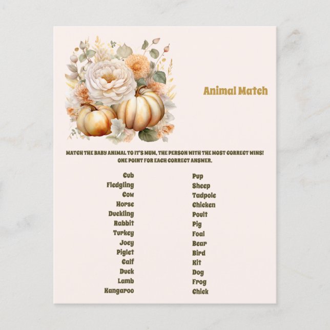 Animal Match Baby Shower Game (Front)