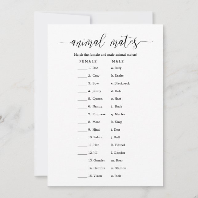 Animal Mates Bridal Shower Game Invitation (Front)