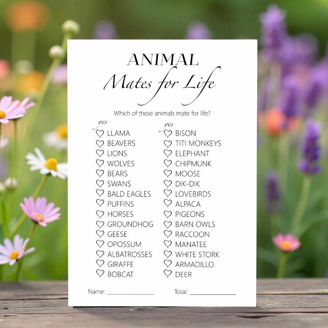 Animal Mates for Life Bridal Shower Game Card (Creator Uploaded)