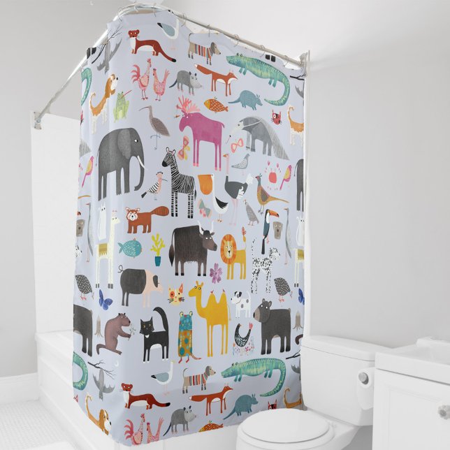 Animal Menagerie Shower Curtain (Fun animal menagerie with wild, safari, zoo and pet animals and birds pattern shower curtain)