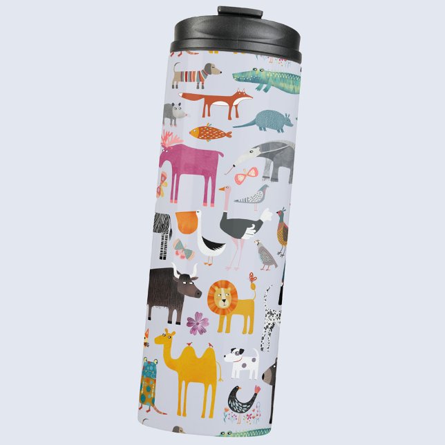 Animal Menagerie Thermal Tumbler (Fun animal menagerie with wild, safari, zoo, pet animals and birds pattern water bottle)
