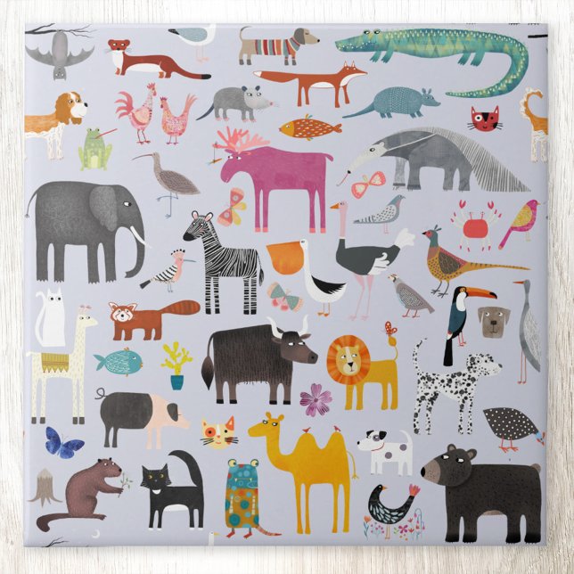 Animal Menagerie Tile (Fun animal menagerie pettern ceramic tile)