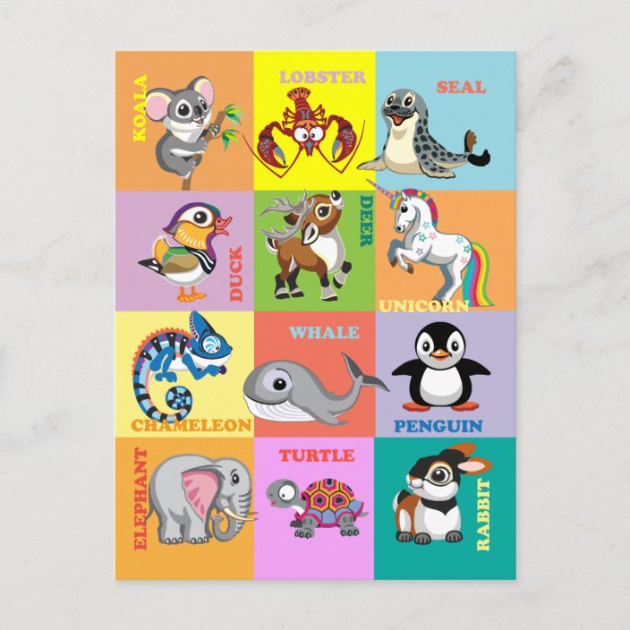 Animal Names with Cartoon Animal Pictures Postcard | Zazzle.co.uk