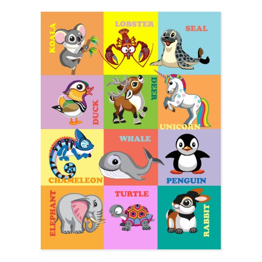 Animal Names with Cartoon Animal Pictures Postcard | Zazzle.co.uk