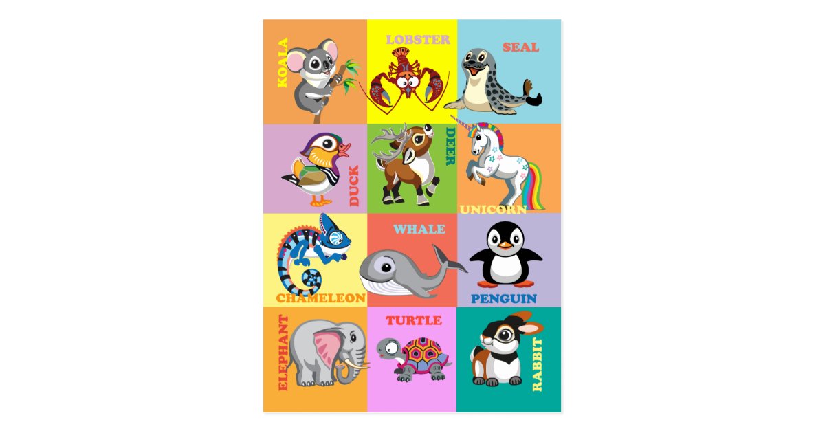 Animal Names with Cartoon Animal Pictures Postcard | Zazzle.co.uk