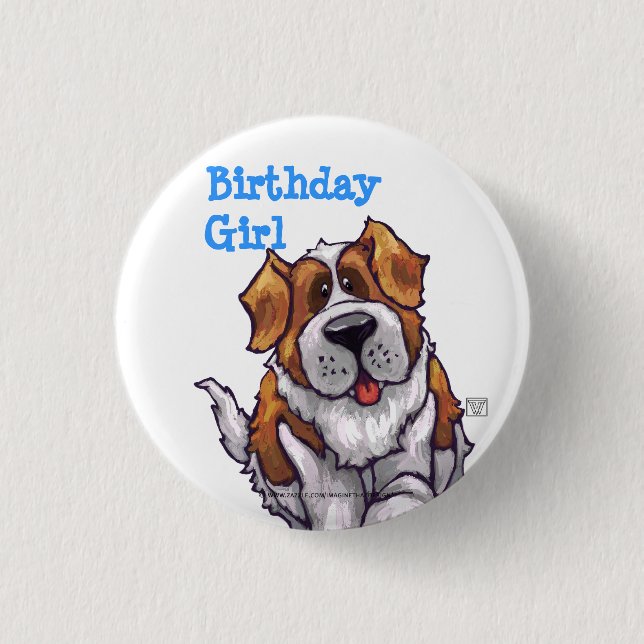 Animal Parade St. Bernard Dog Birthday Girl Button (Front)